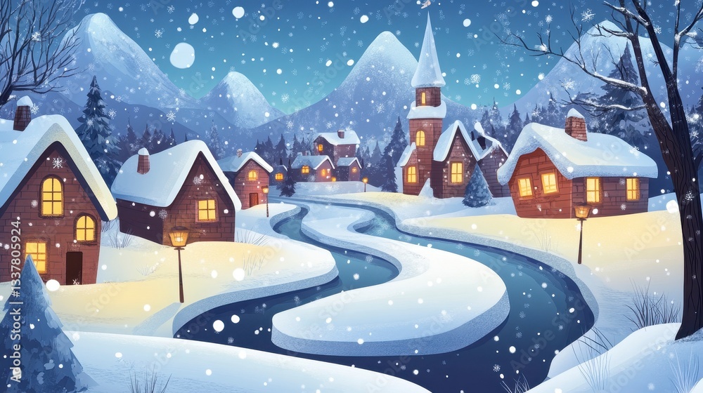 Fototapeta premium Snowy Winter Village at Night - Festive Christmas Landscape Illustration