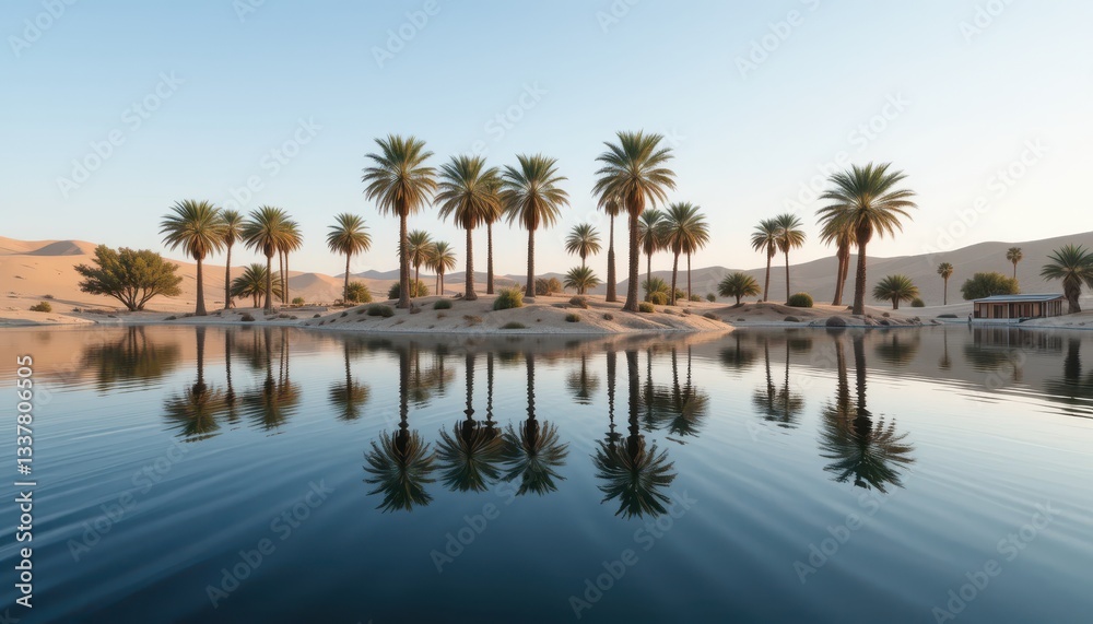 Obraz premium Tranquil Oasis Surrounded by Majestic Palm Trees in Desert Landscape