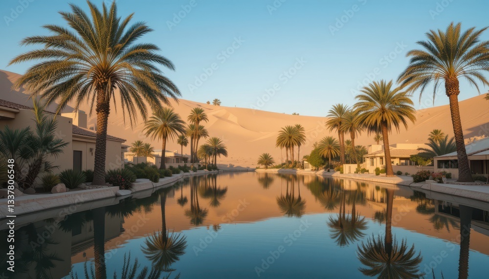 Obraz premium Serene Oasis with Palm Trees and Reflections in Water at Sunset