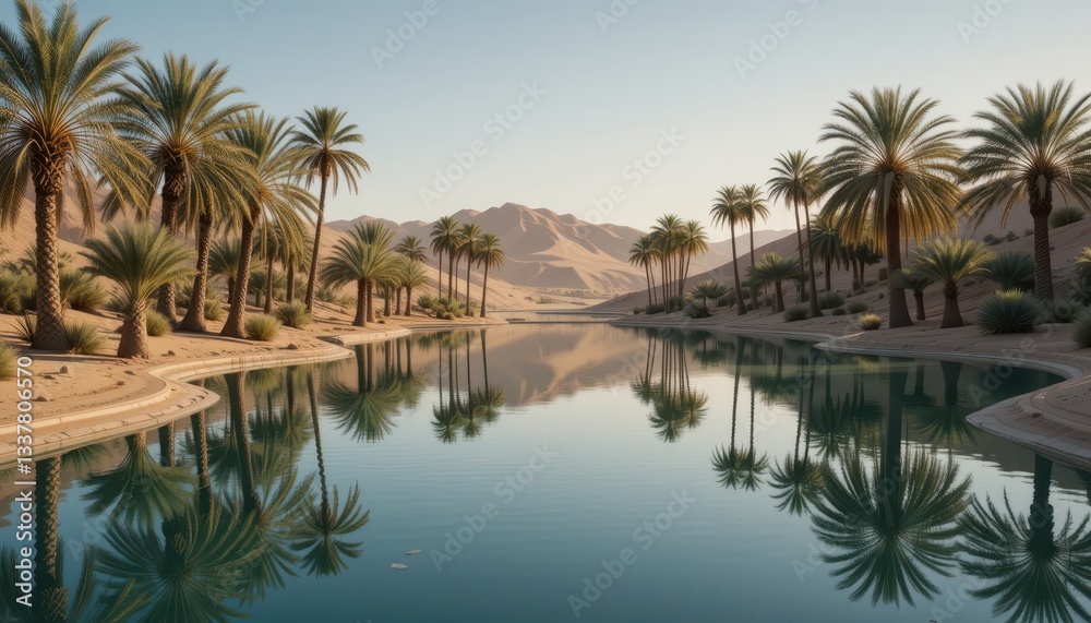 Tranquil Oasis Surrounded by Palm Trees in Desert Landscape Tranquil Oasis Surrounded by Palm Trees in Desert Landscape
