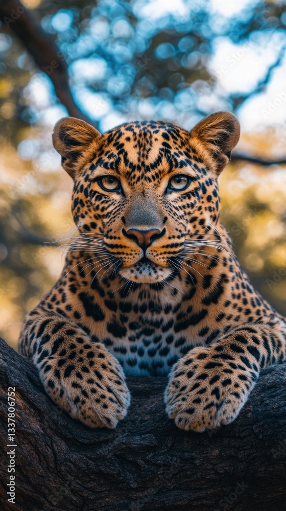 Obraz premium Close up of a leopard resting on a tree branch, water droplets visible on its fur. The background is blurred, showing bokeh effects of foliage.