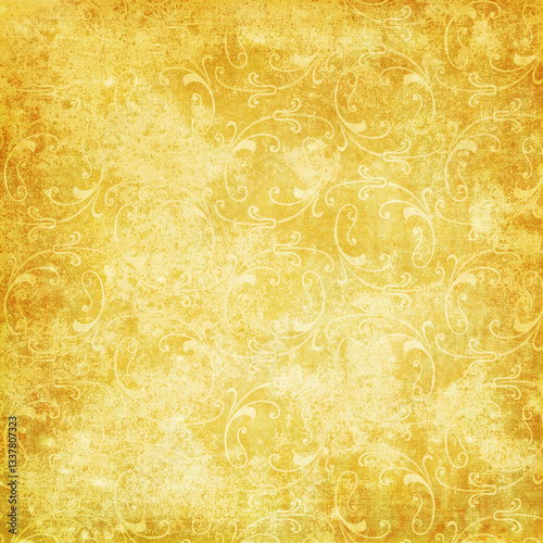 Vintage ornamental background with elegant floral scrollwork in warm golden yellow tones and grunge texture. Decorative distressed design ideal for invitations, stationery, scrapbooking, classic decor