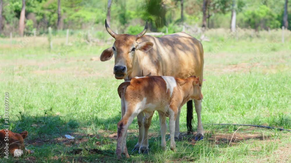 Cow with horns and a calf standing together in a field. Cow with horns and a calf standing together in a field.