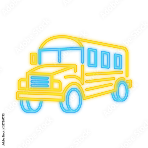 A bright neon illustration of a school bus glowing in yellow and blue, representing transportation, education, childhood, and student commutes