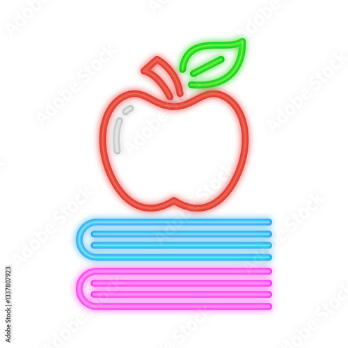 A glowing neon illustration of a red apple placed on stacked books, symbolizing education, learning, knowledge, and academic success