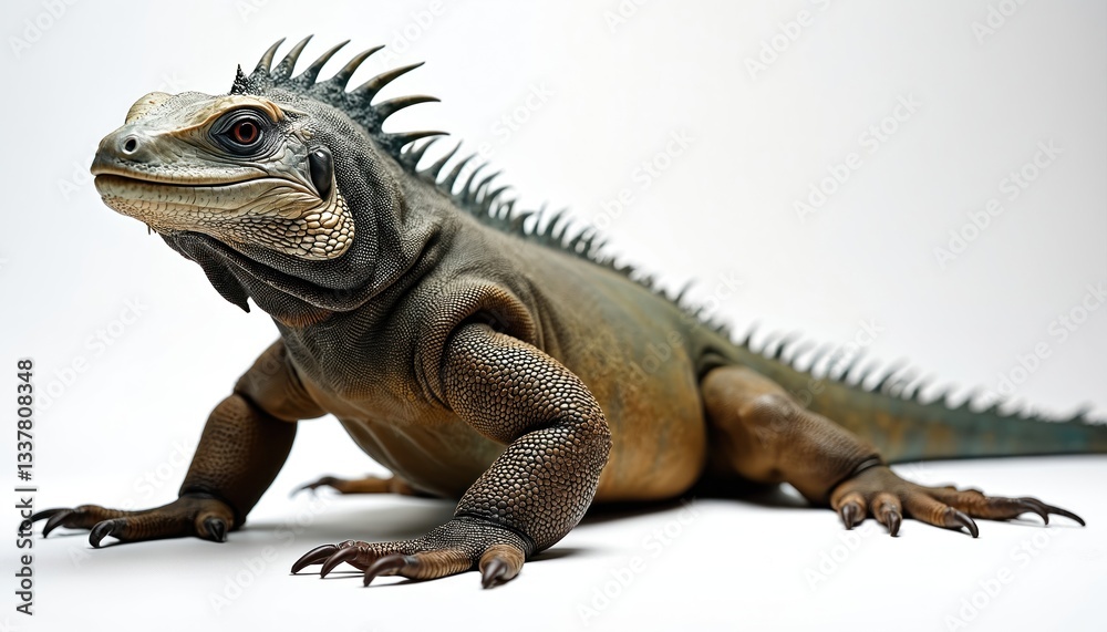 Obraz premium Full body of marine iguana on white background. Close-up of lizzard reptile, animal dragon with nature wildlife skin. Green wild tropical zoo creature. Pet with scale texture.