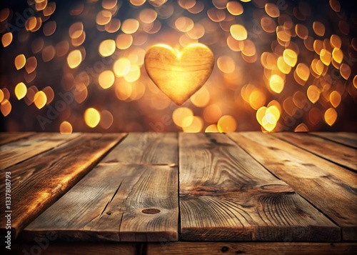 Romantic Wooden Table Setting with Heart-Shaped Light - Love Background Stock Photo