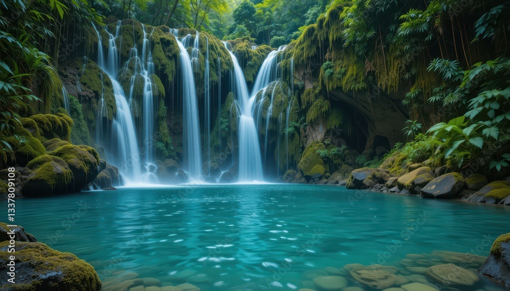 Serene Tropical Waterfall Cascading into Crystal Clear Pool Serene Tropical Waterfall Cascading into Crystal Clear Pool