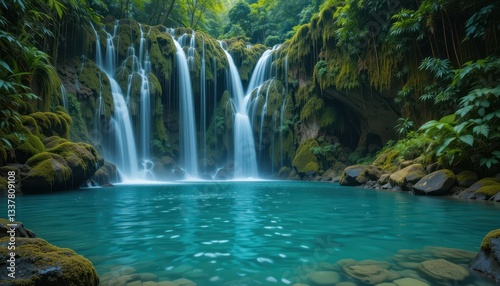 Serene Tropical Waterfall Cascading into Crystal Clear Pool