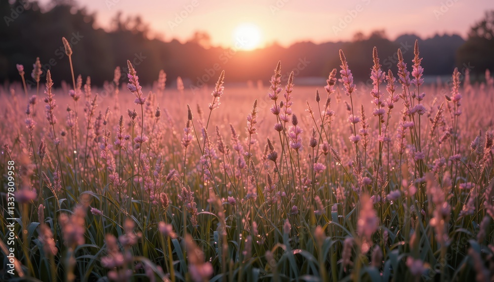 Naklejka premium Serene Sunrise Over Blooming Meadow with Pink Wildflowers