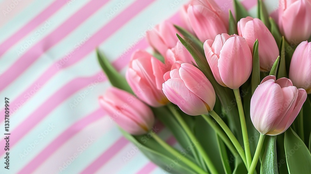 Elegant Arrangement of Fresh Pink Tulips on Striped Background Elegant Arrangement of Fresh Pink Tulips on Striped Background