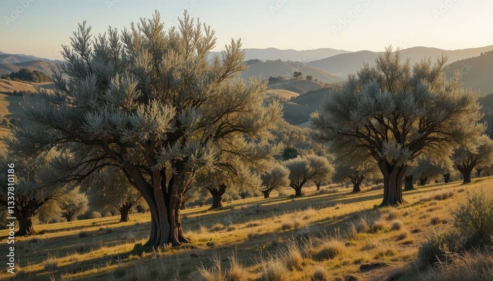 Fototapeta premium Serene Landscape of Olive Trees Under Golden Hour Light