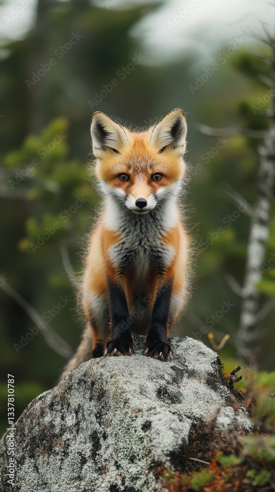 Red fox kit sitting on a mossy rock in a lush forest. The fox has a curious expression, its fur is damp and slightly matted. Soft natural light filters through the trees. Red fox kit sitting on a mossy rock in a lush forest. The fox has a curious expression, its fur is damp and slightly matted. Soft natural light filters through the trees.