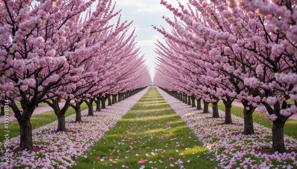 Serene Pathway Through Blooming Cherry Blossom Trees in Springtime Serene Pathway Through Blooming Cherry Blossom Trees in Springtime