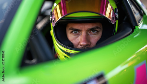 Close-up of driver in green stock car with open visor, intense eyes. Racer sits in front of camera in lime green racing livery, prepared to win on speedway.