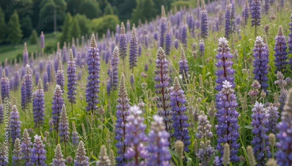 Obraz premium Beautiful Purple Lupine Flowers Blooming in Outdoor Landscape