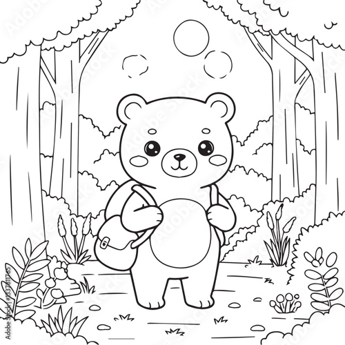 Cute bear with backpack in forest illustration coloring page