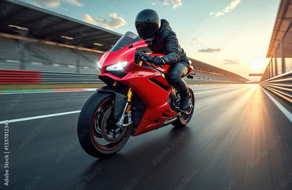 Fototapeta premium Biker in black leather suit races on red motorbike. Sunset on race track. Extreme sport, speed, power, competition, action. Motorsport event, drive, racer on curve. Biker lifestyle.