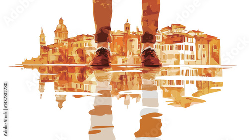 The image features a stylized illustration of a person's lower legs and feet standing over a puddle of water that reflects a cityscape. The city is depicted in warm orange and sepia tones, with