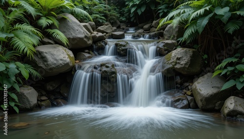 Serene Waterfall Surrounded by Lush Greenery in a Forest Setting