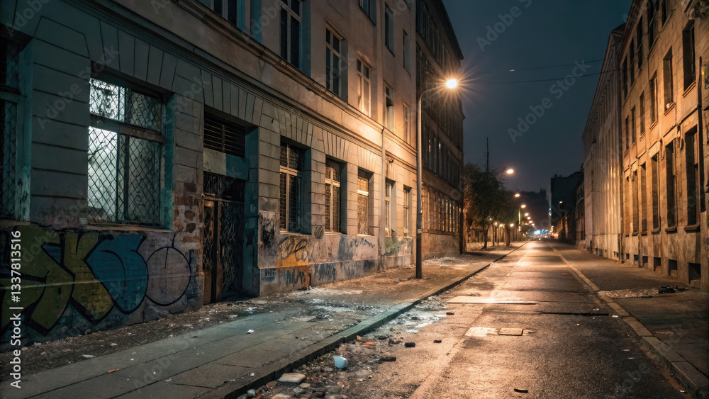 Fototapeta premium City street at night with broken windows and graffiti on walls, symbolizing urban violence and the impact of social issues on community environments.