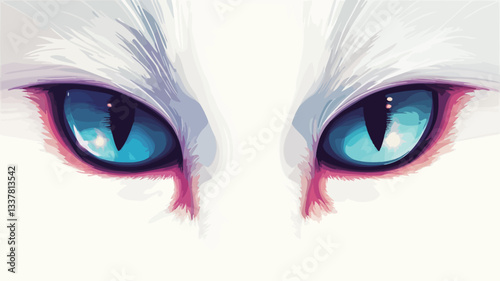 A close-up digital illustration or painting of a white cat's eyes. The eyes are a striking bright blue, with dark pupils and pink detailing around the eyes.  The fur around the eyes is white,
