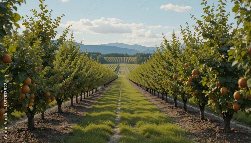 Naklejka premium Lush Orchard Pathway Through Rows of Fruit-Laden Trees Under Clouds
