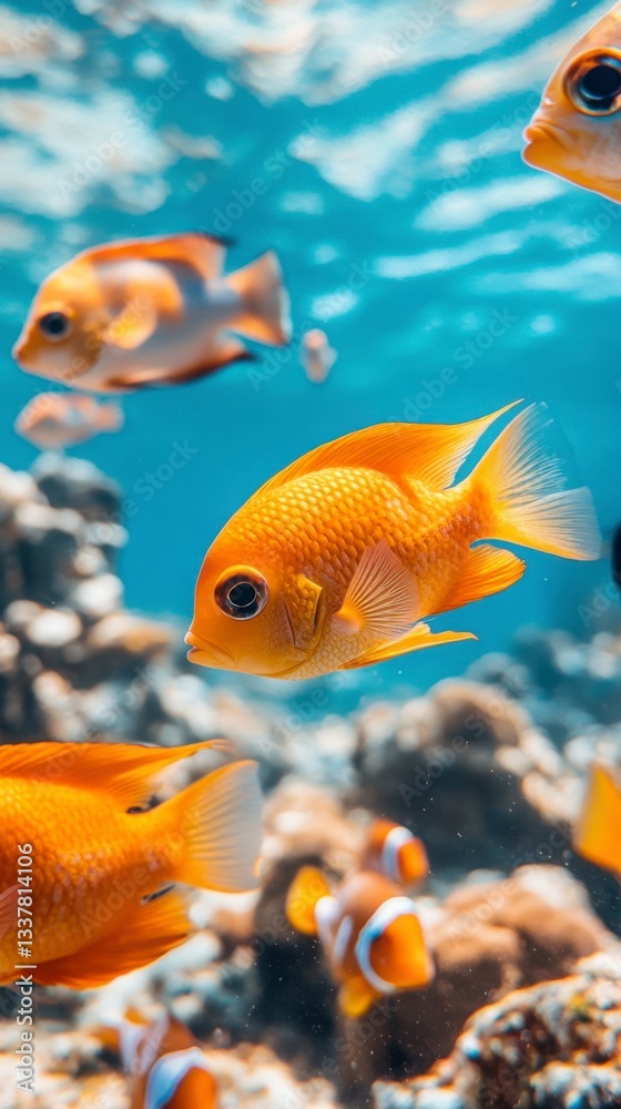 Fototapeta premium Vibrant orange fish swim amidst a coral reef in clear blue water. Other fish are visible in the background, creating a lively underwater scene.