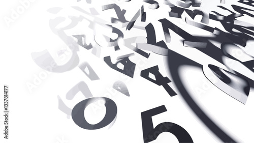 The image is a digitally created abstract composition. It features numerous black numbers of varying sizes, rendered in a three-dimensional style, appearing to move and swirl against a bright white