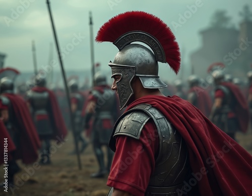 Roman legionary with red cape, helmet in battlefield formation. Brave soldier with team in full armor. Ancient army warfare, military strength, battle preparation. Symbol of history, roman empire