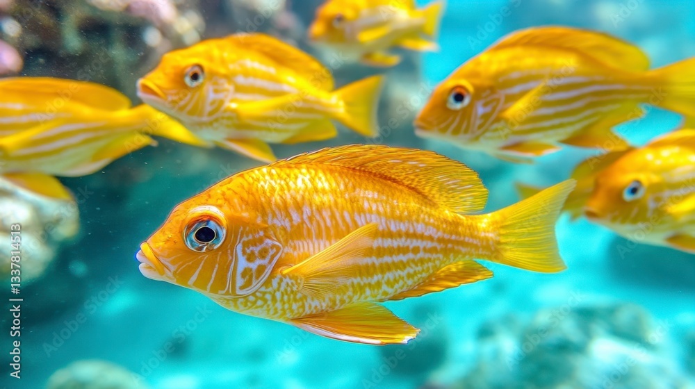 Fototapeta premium Vibrant yellow fish with white stripes swim in a turquoise underwater scene. The fish are the main focus, with a blurred coral reef background.