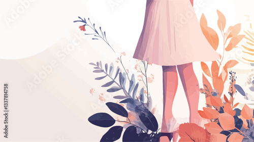 Digital illustration featuring the lower portion of a woman wearing a pale pink pleated dress.  The woman is positioned amongst stylized floral elements rendered in soft pastel hues of pink,