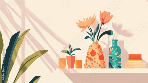 A digital illustration depicting a stylized still life arrangement.  The scene shows a shelf with several vases containing flowers and potted plants. The vases are decorated with various patterns