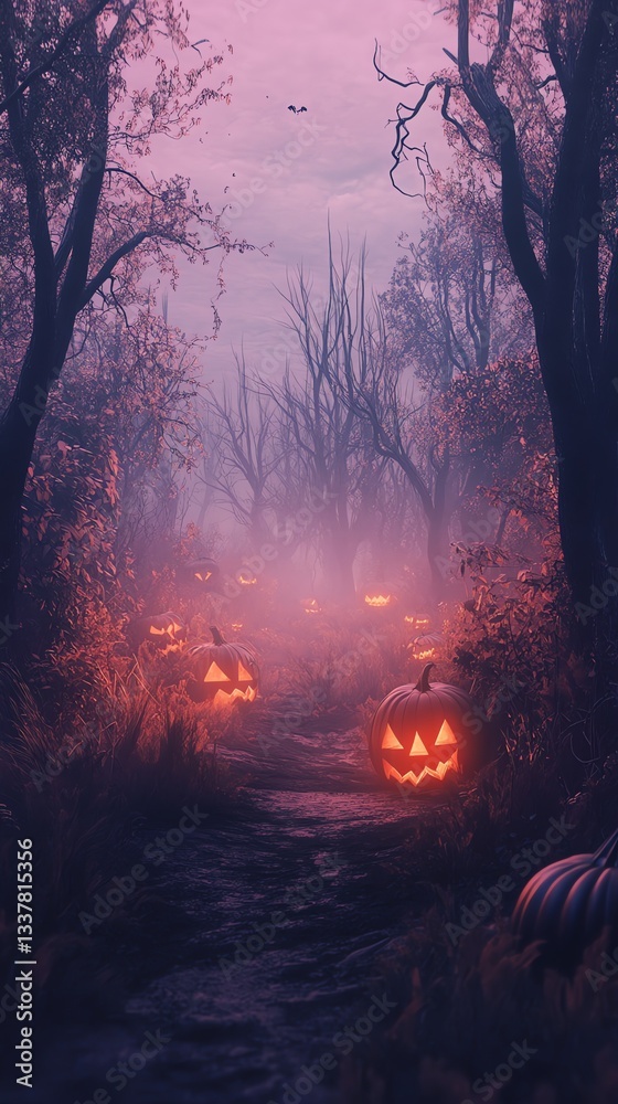 Obraz premium Glowing Jack O'lanterns Illuminate Foggy Forest Path for Halloween Night