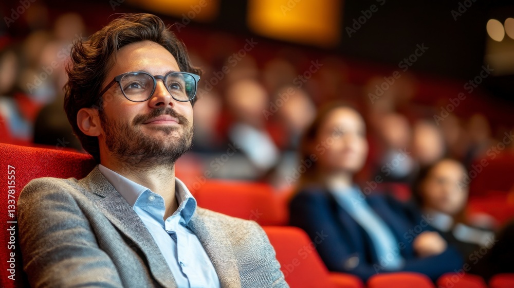 Fototapeta premium Attentive man in gray jacket and glasses sits in a red theater seat, looking upwards in a thoughtful expression. The background shows a blurred audience.