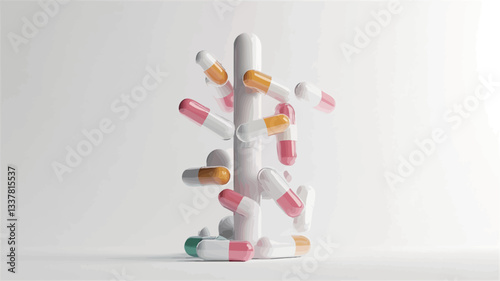 3D rendering of various colored capsules arranged dynamically around a central, larger white capsule against a plain white background.  The capsules are depicted in a slightly blurred, motion-like