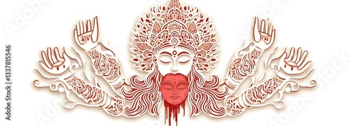 Maa Chhinnamasta in an intense papercut style, holding her severed head with streams of blood flowing, intricate deity motifs, isolated on a white background.