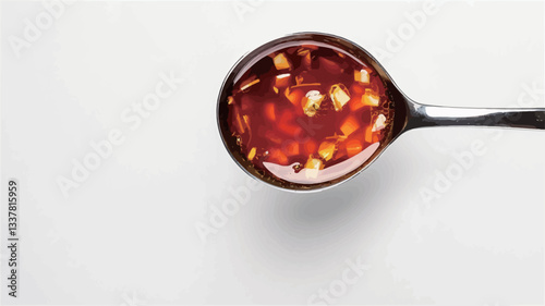 High-angle, close-up shot of a metallic spoon holding a spoonful of glossy, red sauce. Visible small pieces of garlic are distributed throughout the sauce. The background is a plain white surface.