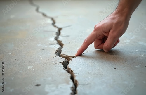 Man hand finger points to cracked concrete floor slab. Building problem, solution concept. Closeup of dangerous home, apartment damage, risk. Renovation, construction work, quality control.