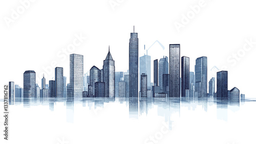 The image shows a stylized silhouette of a city skyline against a white background. The buildings are depicted in shades of grey and blue, varying in height and width, creating a sense of depth and