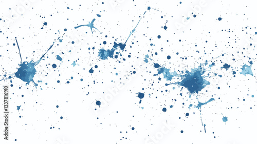 The image shows a high-resolution digital representation of an abstract pattern.  It features numerous blue ink splatters of varying sizes and densities against a pure white background. The