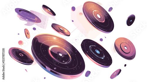 A digital illustration depicting multiple vinyl records of varying sizes floating and rotating against a white background. The records exhibit a dark purple and orange gradient color scheme with
