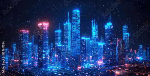 Wallpaper Mural vibrant futuristic cityscape illuminated by neon lights, showcasing towering skyscrapers and digital circuit pattern ground. scene evokes sense of Torontodigital.ca