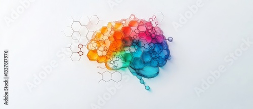 A colorful brain showing chemical structures and connections