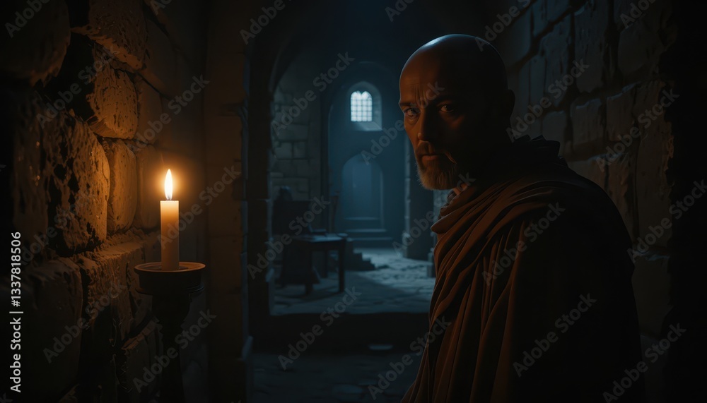 Mysterious Figure in Dimly Lit Medieval Setting with Candlelight Mysterious Figure in Dimly Lit Medieval Setting with Candlelight