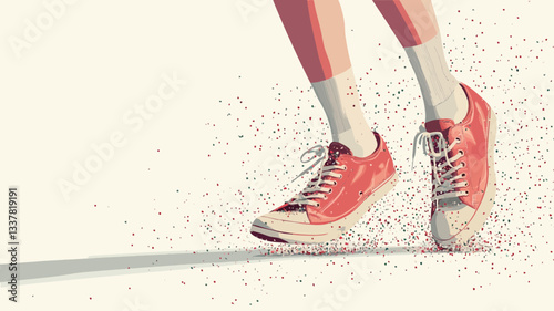 A stylized vector illustration depicting a pair of red canvas sneakers in motion. The illustration features the lower legs and feet of a person wearing red pants and white socks, with the emphasis