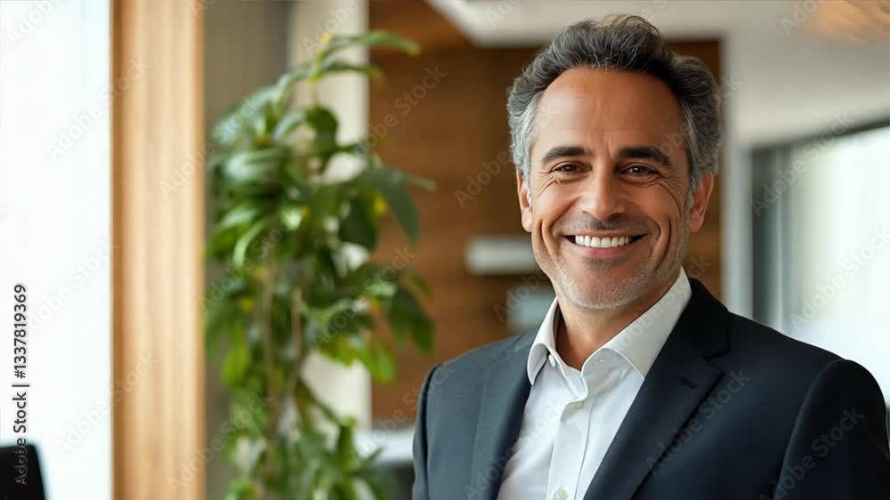 Confident businessman smiling in modern office setting with greenery Confident businessman smiling in modern office setting with greenery