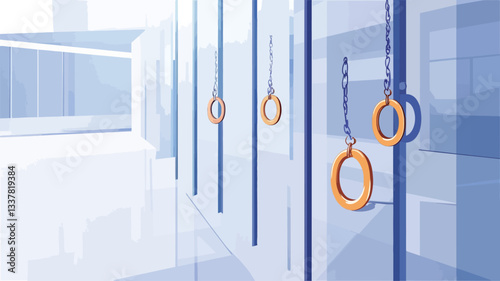 The image shows a minimalist interior space with several sets of gymnastics rings hanging from vertical poles attached to a white wall.  The rings are light orange/gold in color. The walls and