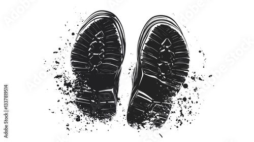 A high-contrast, monochrome image depicting two boot prints or shoe imprints in the process of disintegration. The imprints are rendered in black, with small black fragments appearing to break away