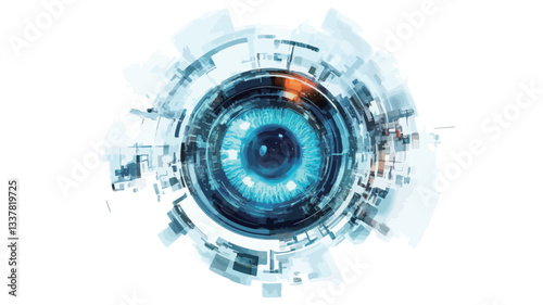 The image is a digital graphic rendering of a stylized eye. The eye is predominantly blue and is surrounded by white and grey circular technological elements, resembling circuits or mechanical